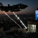 US military jet soaring over Caracas dusk skyline with shattered building below and a screen showing Trump’s face.