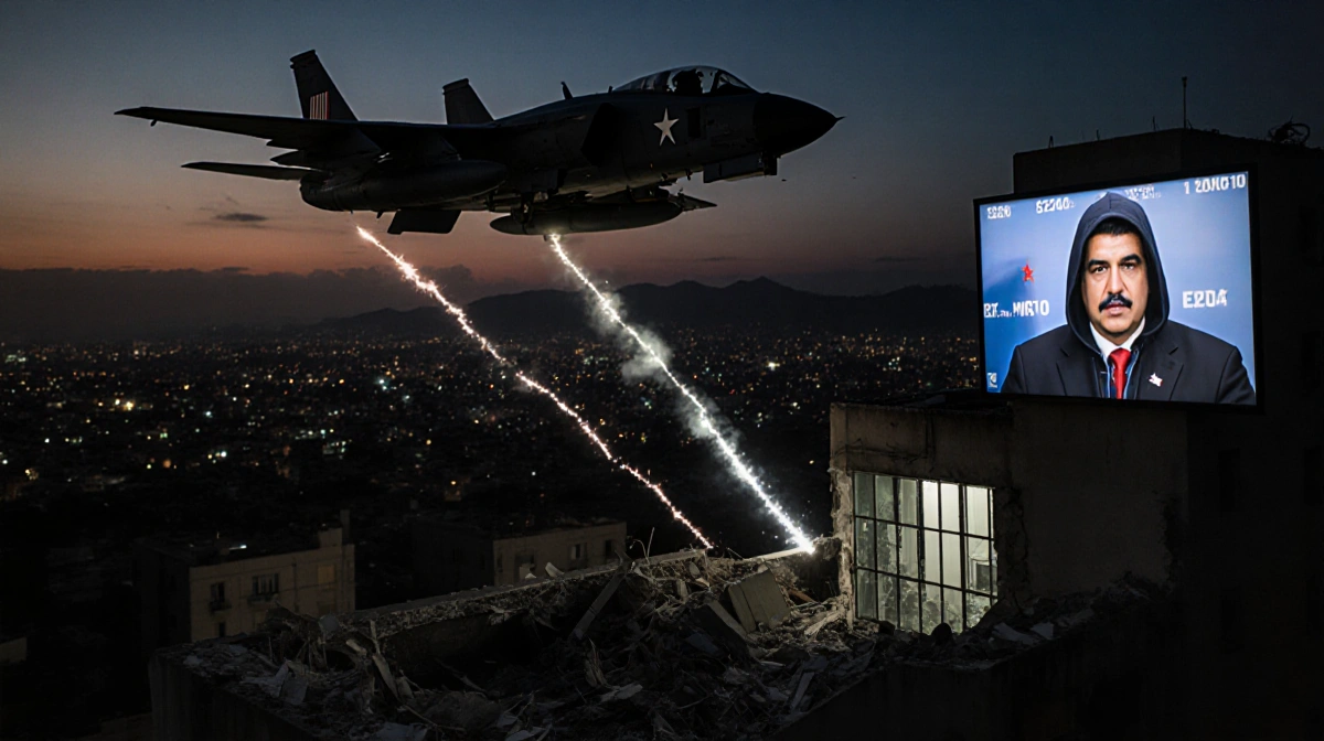 US military jet soaring over Caracas dusk skyline with shattered building below and a screen showing Trump’s face.