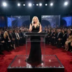 Chelsea Handler announcing Best Picture winner with microphone and star‑filled audience under glittering red carpet lights