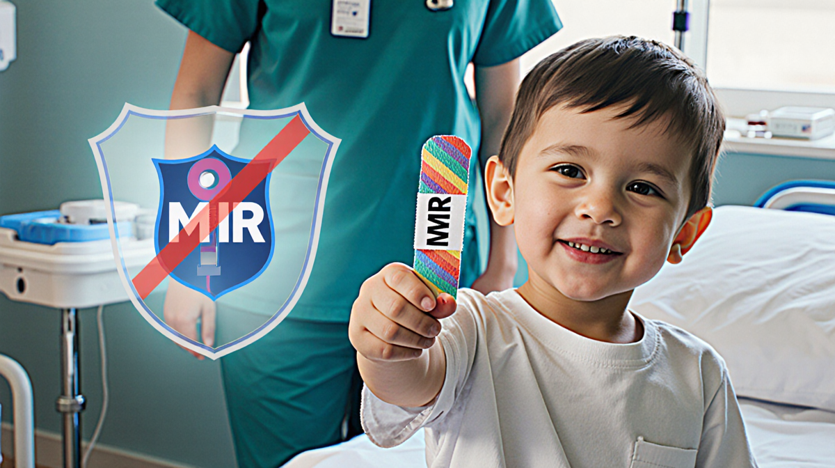 Child holds up colorful MMR vaccine bandage with protective shield icon and hospital staff in scrubs nearby