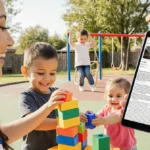 Teacher building blocks with a child while kids play on swings near a sunny playground