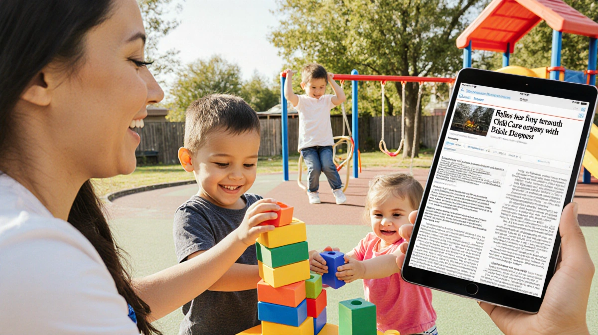 Teacher building blocks with a child while kids play on swings near a sunny playground