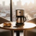 Coffee maker rests on a wooden table with armchairs and pastries under warm glow in a cozy cityscape cafe.