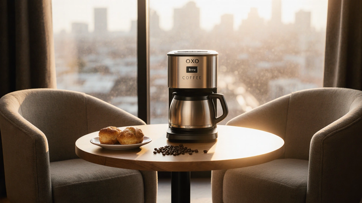 Coffee maker rests on a wooden table with armchairs and pastries under warm glow in a cozy cityscape cafe.