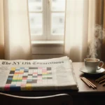 A cozy study nook shows a partially solved NYT puzzle and steaming coffee bathed in warm natural light.