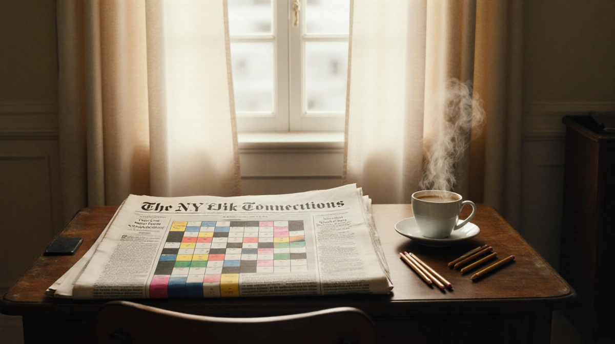 A cozy study nook shows a partially solved NYT puzzle and steaming coffee bathed in warm natural light.