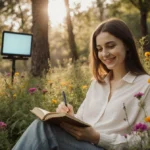 Woman sitting outdoors with a notebook and pen and a gentle smile amid lush greenery and soft warm light with a faint phone g