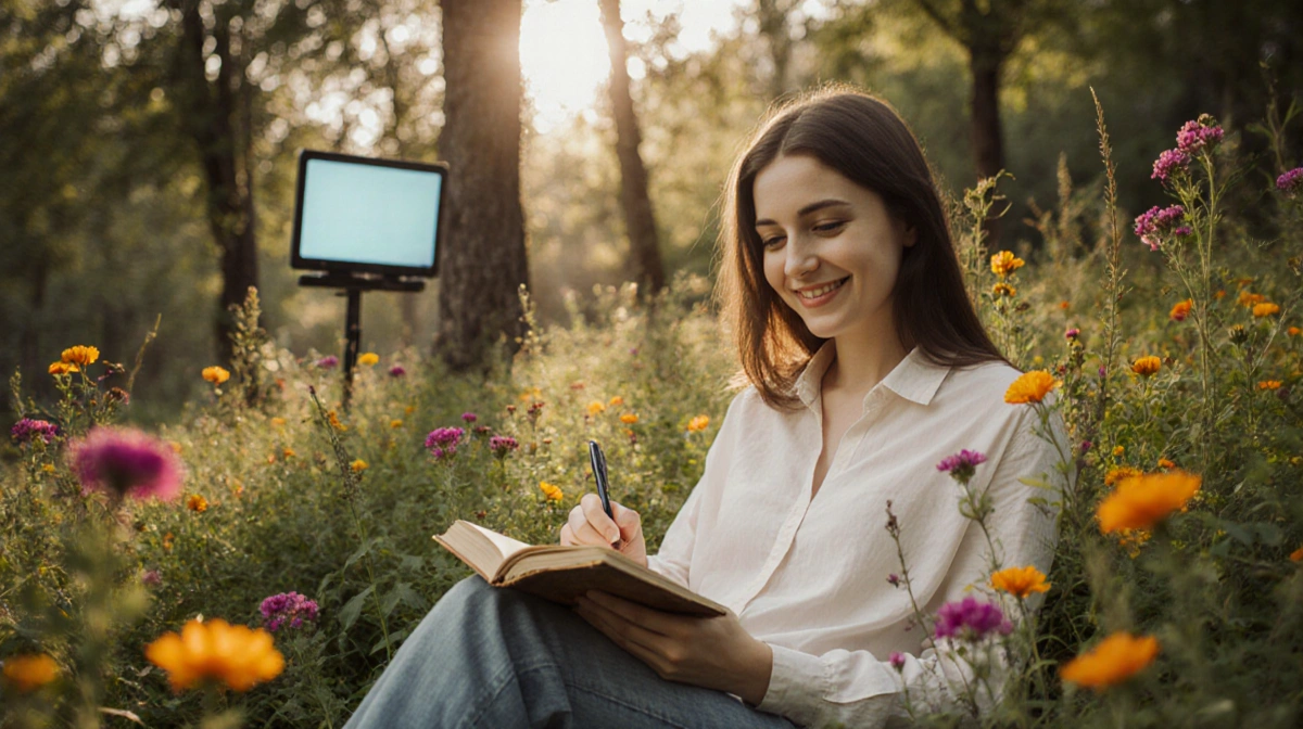 Woman sitting outdoors with a notebook and pen and a gentle smile amid lush greenery and soft warm light with a faint phone g