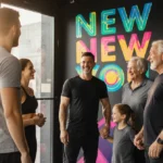 Group smiles and chats with trainer near gym entrance with colorful “New Year, New You” sign.