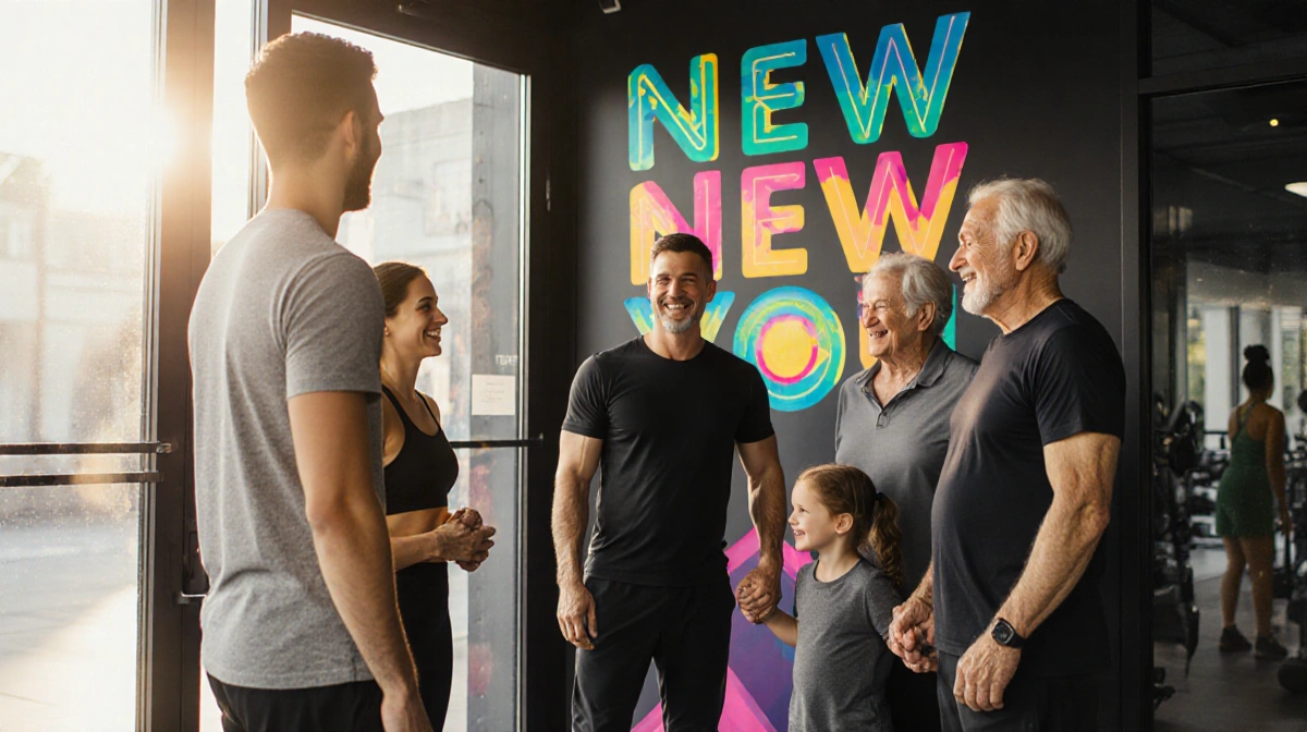 Group smiles and chats with trainer near gym entrance with colorful “New Year, New You” sign.