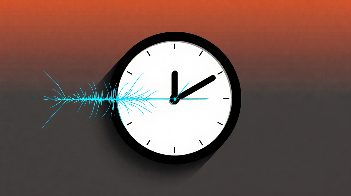 Doomsday Clock glowing blue lines radiate with radioactive decay effect on dark gray background near midnight