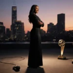 Ego Nwodim standing with arms crossed with a microphone in the foreground and trophies shining behind.