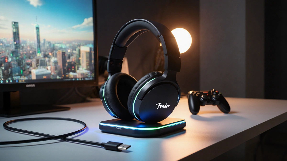 Fender Mix wireless headphones on charging pad with USB‑C cables and LED lights under warm glow on minimalist desk gaming vib