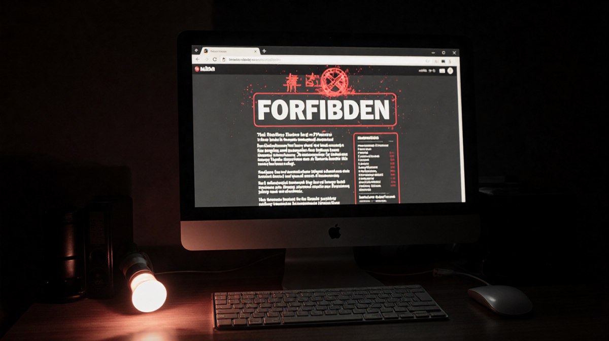 LED light flickers over a computer screen showing a forbidden webpage with deep gray background and faint red glow.