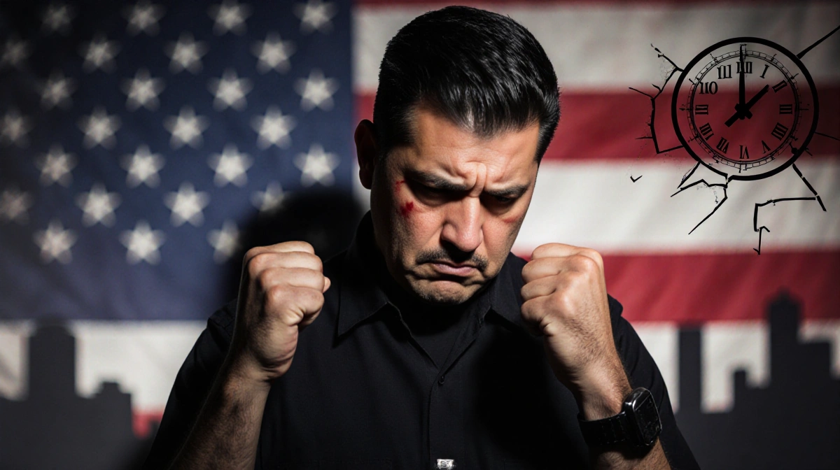 Capitol Police Sgt. Gonell stands with clenched fists against a blurred American flag and a broken clock in city shadows