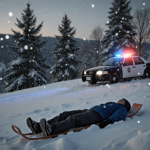 Lone sledder lies still on snowy hillside with discarded sled nearby and police car flashing at the hill