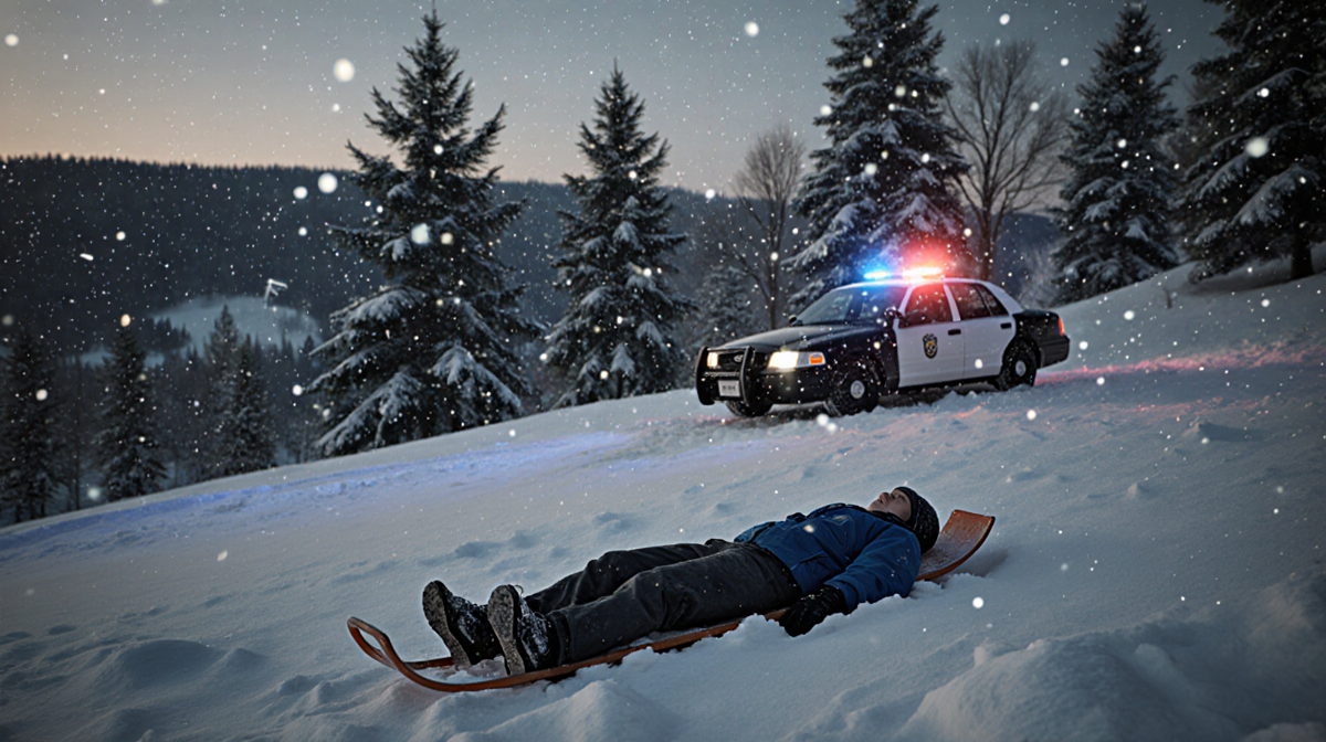 Lone sledder lies still on snowy hillside with discarded sled nearby and police car flashing at the hill