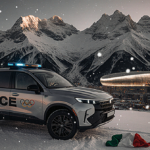 Futuristic ICE security vehicle gleams under sunset with snowflakes falling over snow‑capped Alps and Italian flag nearby.