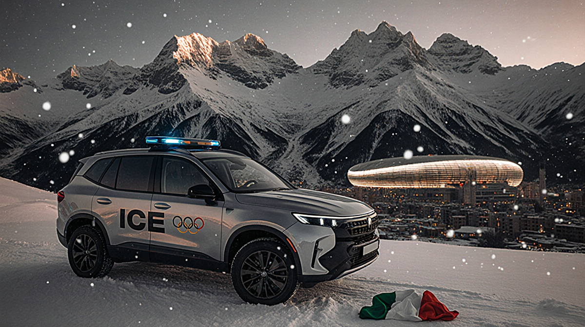 Futuristic ICE security vehicle gleams under sunset with snowflakes falling over snow‑capped Alps and Italian flag nearby.