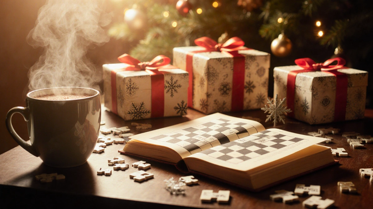 Holiday desk holds scattered puzzle pieces and a crossword book with wrapped gifts near a steaming cup of hot cocoa.