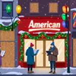 Shoppers peeking into open retail store with holiday decorations and boarded-up windows