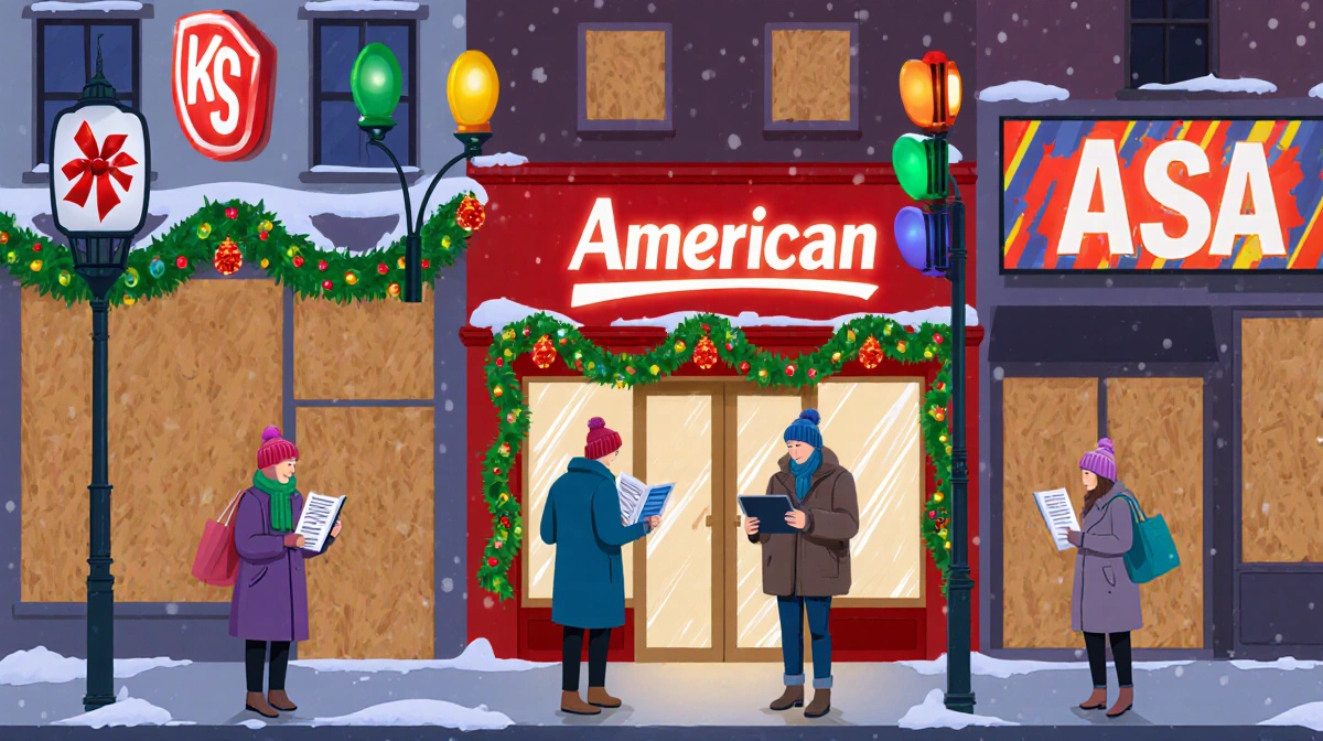 Shoppers peeking into open retail store with holiday decorations and boarded-up windows