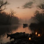 Candles flicker beside bodies with misty bayou shrouded in eerie glow at dusk and twisted cypress