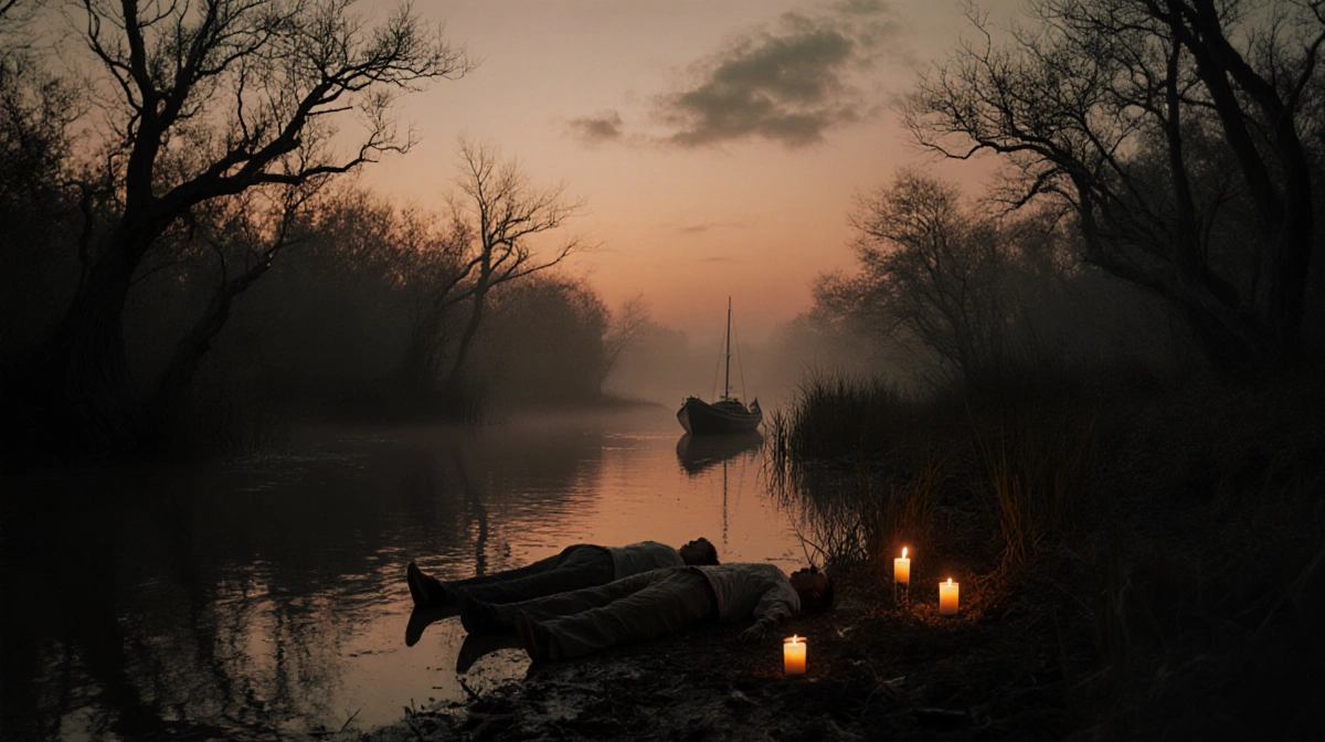 Candles flicker beside bodies with misty bayou shrouded in eerie glow at dusk and twisted cypress