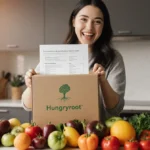 Woman holding up Hungryroot meal‑kit box with fruits and veggies on a blurred kitchen countertop