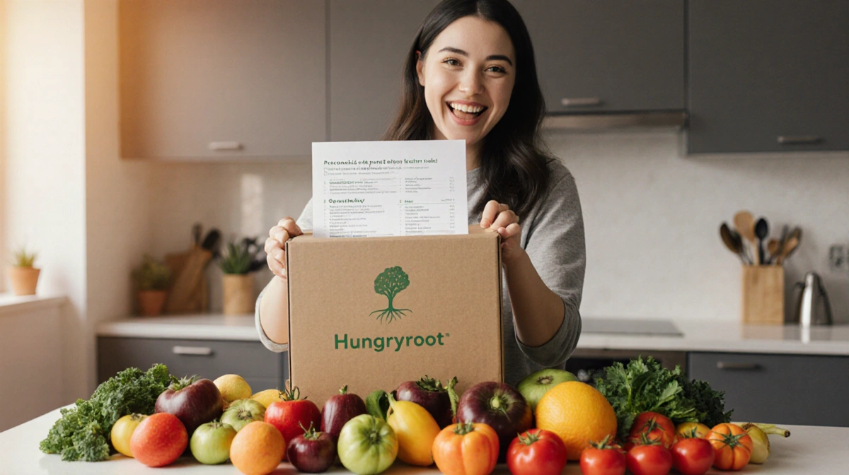 Woman holding up Hungryroot meal‑kit box with fruits and veggies on a blurred kitchen countertop