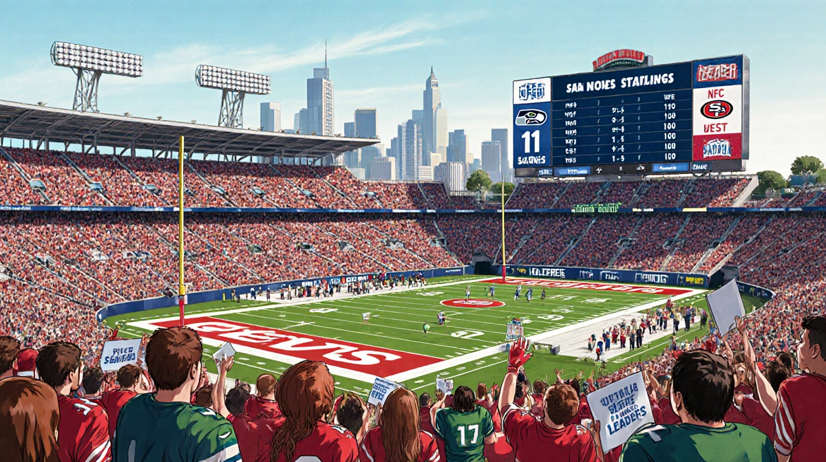 49ers fans cheering game day against green Seahawks with scoreboard showing standings and San Francisco skyline in background