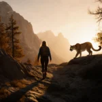 Female hiker walking away in silhouette with sunset glow over mountain forest lion watching nearby