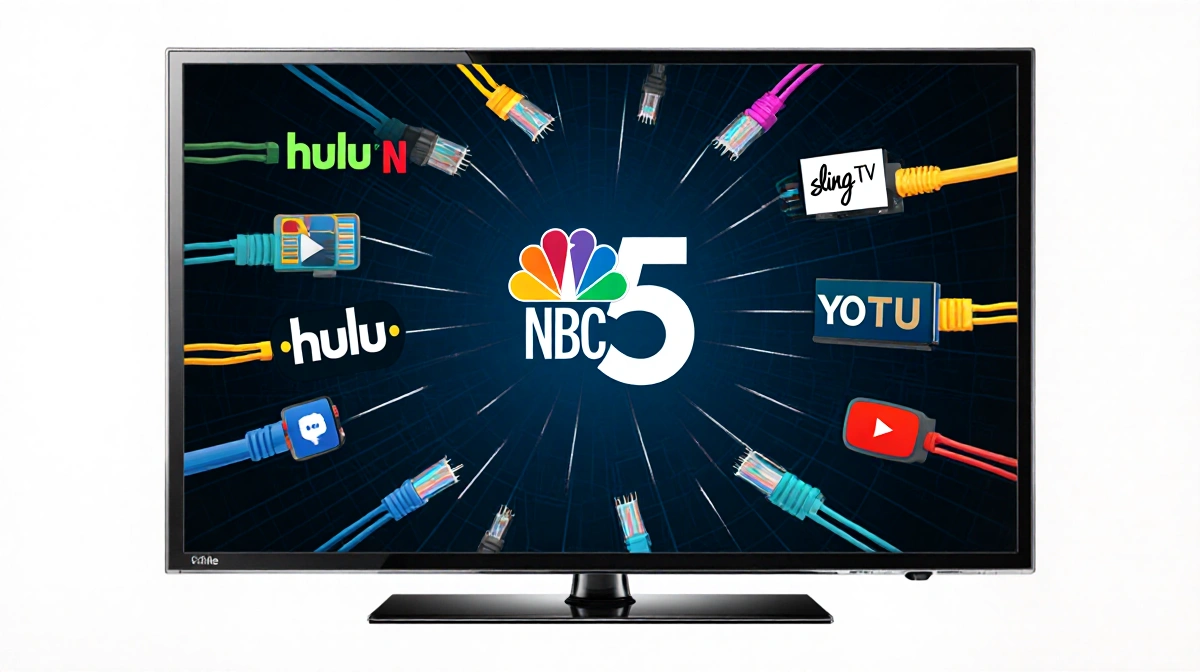 TV screen showing NBC 5 logo with streaming overlays of Hulu Sling TV YouTube TV cable near cables
