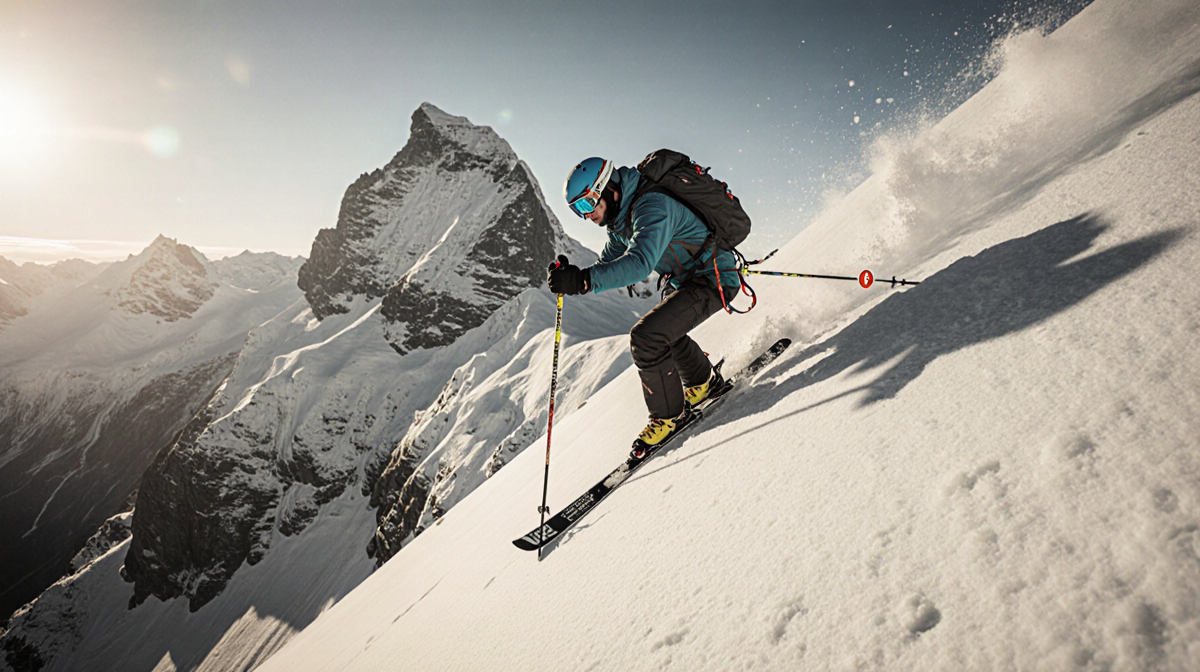 Skier ascending a snowy mountain slope with a pole planted and route marker held toward the icy peak in golden light
