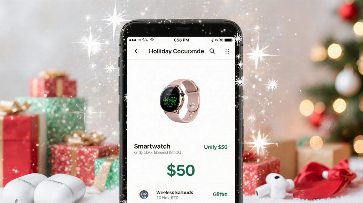Smartphone screen shows discount code for earbuds with sparkling glow and holiday gifts in background