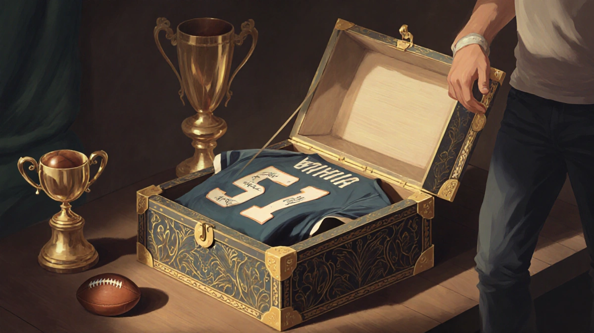 Person placing vintage jersey into ornate chest with warm light and gold accents soft focus muted colors.