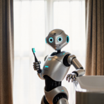 Sprout robot standing holding a toothbrush with its other hand resting on a sink in a hotel bathroom.