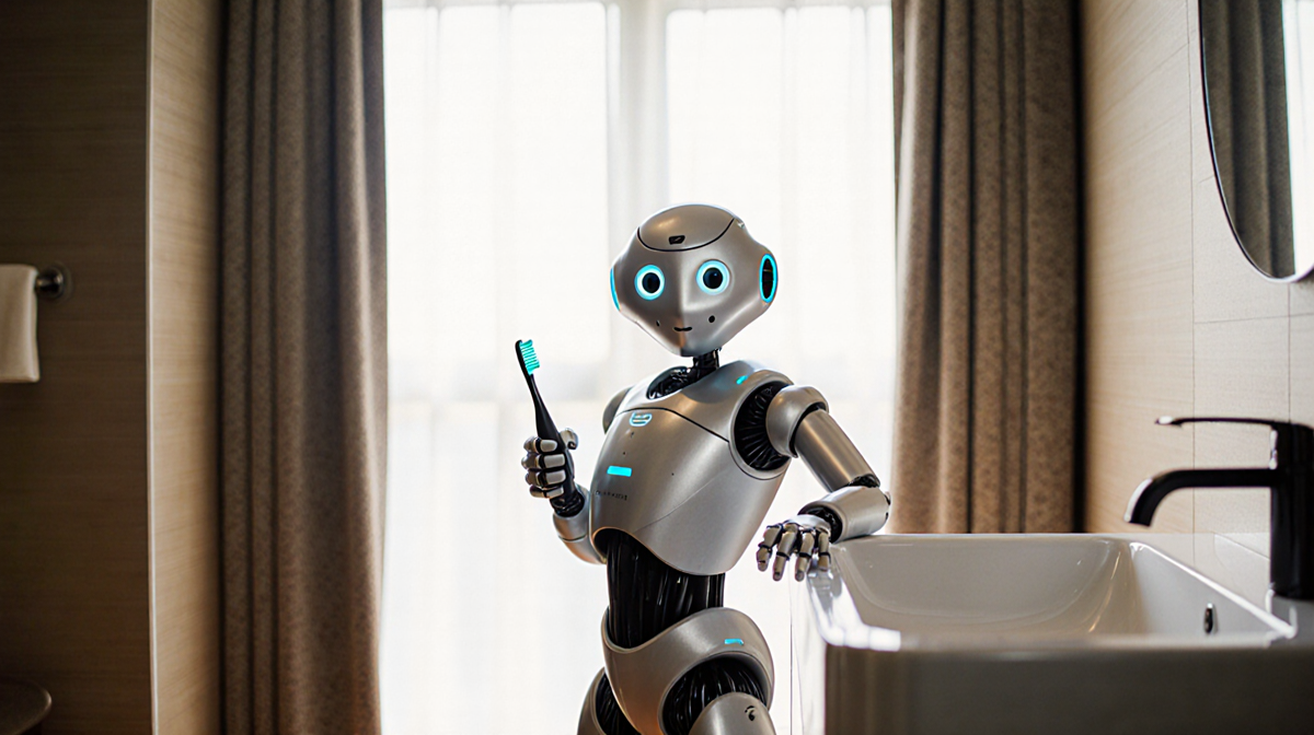 Sprout robot standing holding a toothbrush with its other hand resting on a sink in a hotel bathroom.