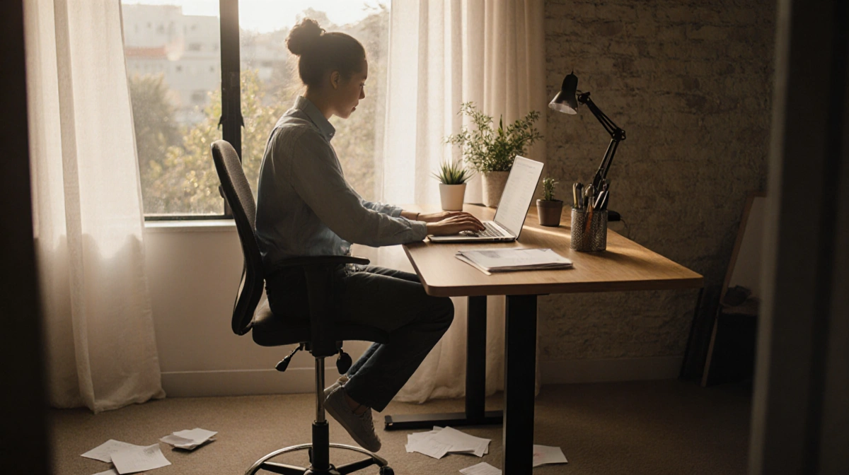 Person using laptop at standing desk with natural light and plants.