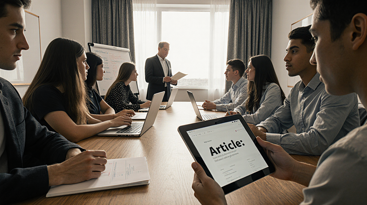 Student holding tablet with tech leaders debating ideas near laptops and whiteboards under warm window light