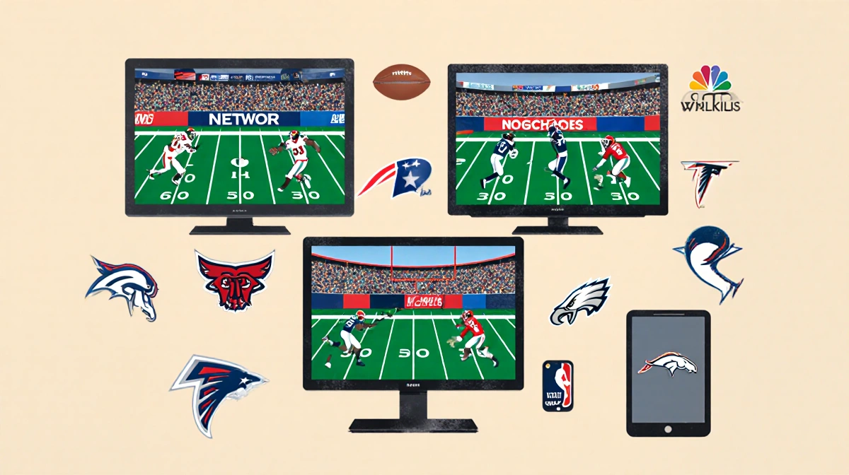 TV screens showing game footage and logos with NFL colors and tablets and phones and TVs scattered around