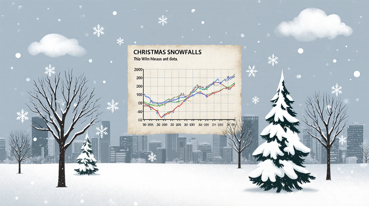 Winter weather graph scrolling across sky with snow-covered trees and a blue-gray DFW cityscape backdrop