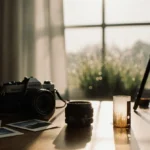 Partially exposed film roll lies on wooden table with vintage lens tripod and Polaroids creating nostalgic analog atmosphere