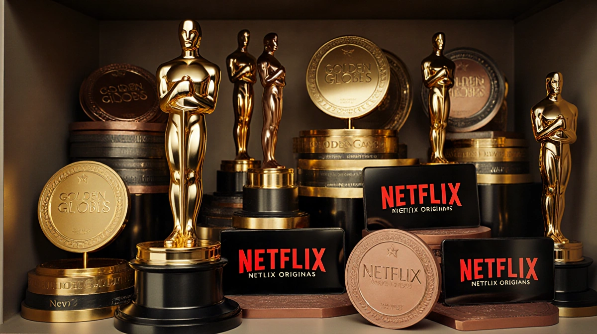 Stacked shelf fills frame with film awards and trophies including Netflix-branded awards with warm golden lighting