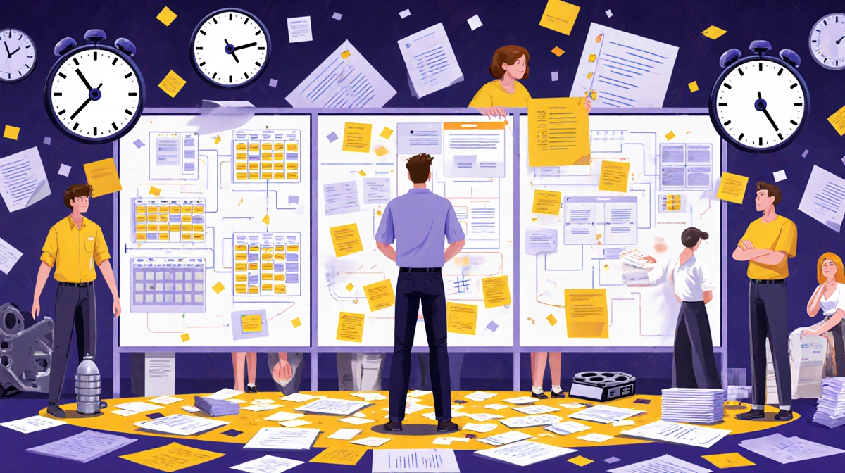 Assistant director checking production schedules with clocks ticking and storyboards covering the walls behind