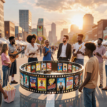 Diverse group celebrating around a film reel with sunset cityscape and popcorn