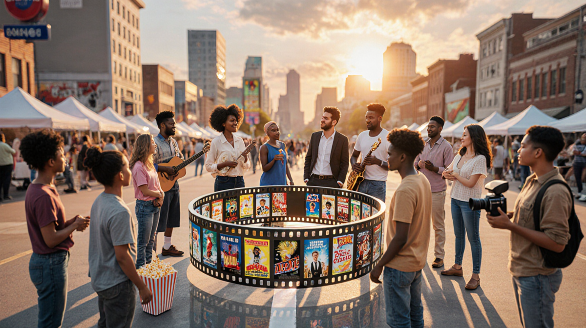 Diverse group celebrating around a film reel with sunset cityscape and popcorn