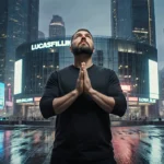 Dave Filoni stands confidently with hands clasped looking up at Lucasfilm headquarters with neon city lights reflecting on we