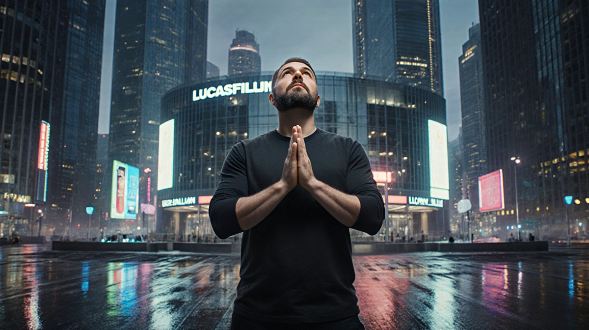 Dave Filoni stands confidently with hands clasped looking up at Lucasfilm headquarters with neon city lights reflecting on we