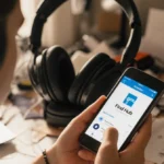 Person checking Find Hub app on phone with wireless headphones and cluttered desk showing urgency